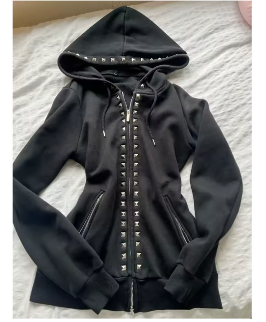 Y2K New Emo Fashion Rivet Zipper Hoodie Women Harajuku Black Oversized Hoodie