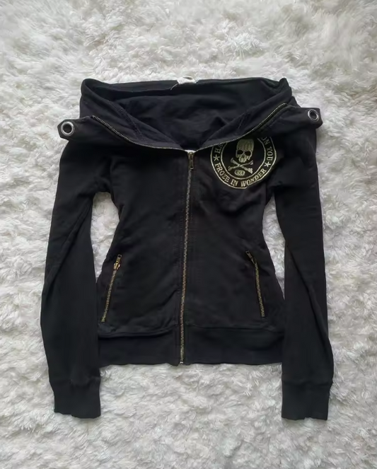 Y2K New Emo Fashion Rivet Zipper Hoodie Women Harajuku Black Oversized Hoodie
